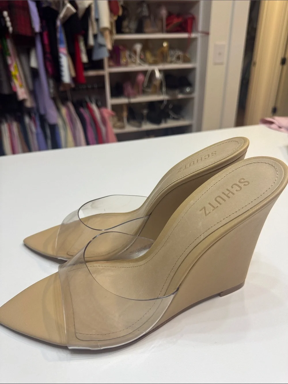 SCHUTZ Nude Clear Strap Pointed Wedge Sandals